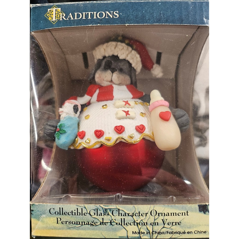 Traditions Collectible Glass Character Ornament Dog with Puppy Bottle Red Ball